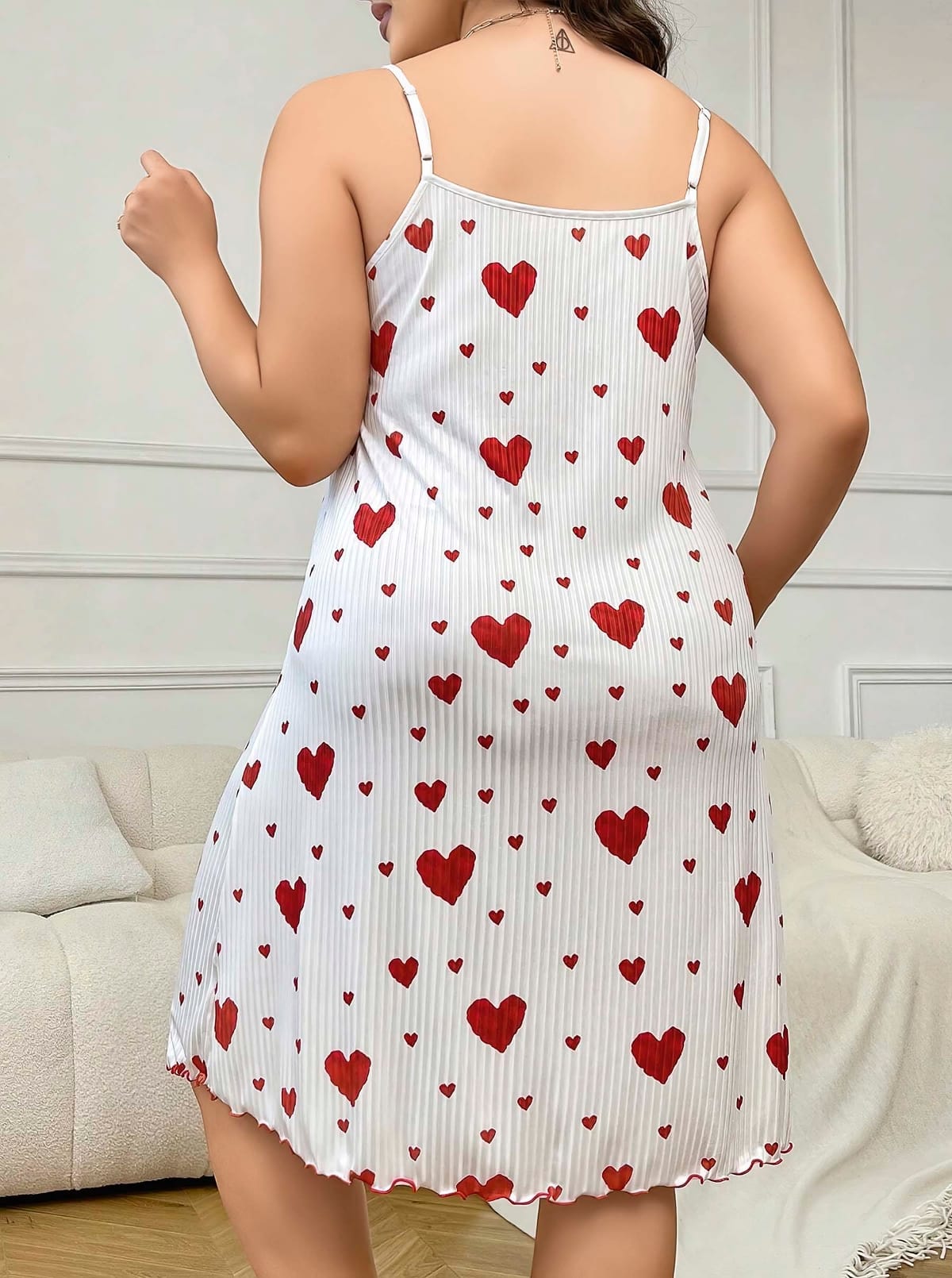 Kalp Desenli Beyaz Askılı Uzun Kadın Gecelik Lily Bianca 13042 - Beyaz