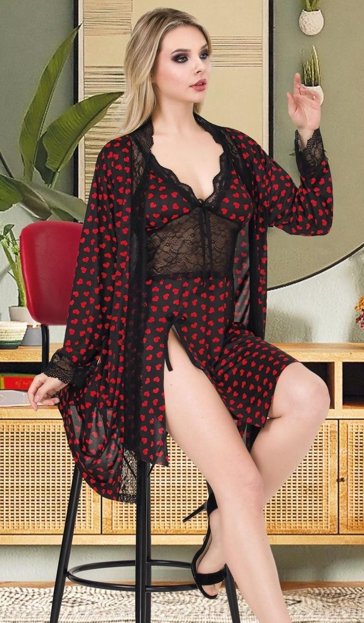 Kalp Desenli Dantelli Kısa Gecelik Takımı Somon İzabel 7008 - Siyah