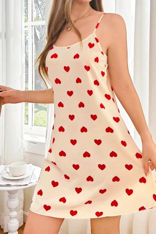 Kalp Desenli Kısa İnce Askılı Gecelik Kırmızı Ruselin 5104 - Krem