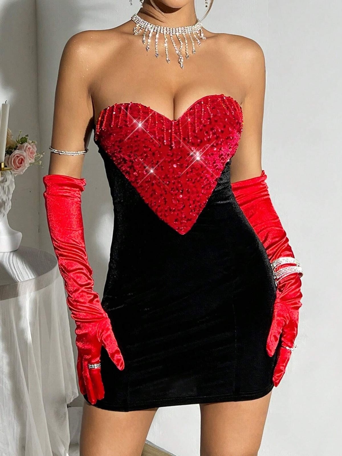 Kalp Tasarım Askılı Midi Elbise Takımı Pink Night 1112 - Siyah