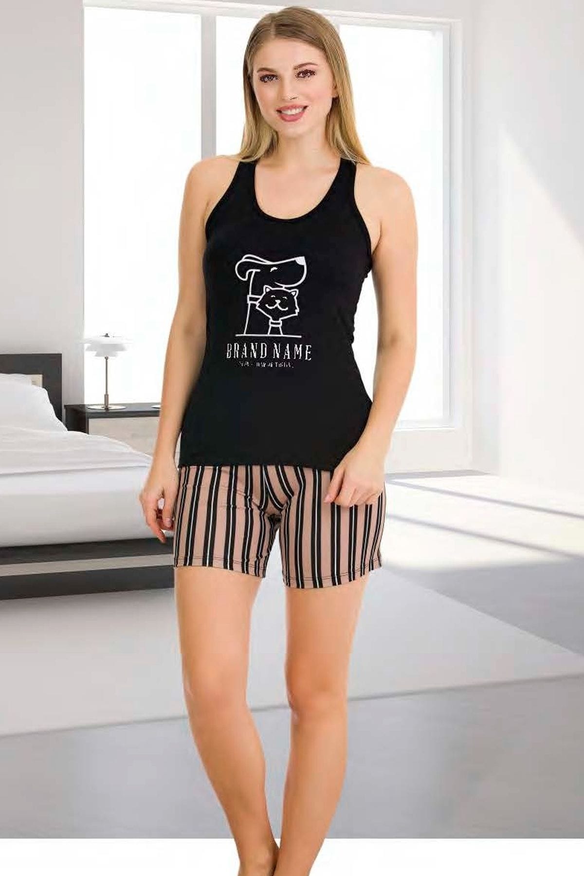 Kedi Köpek Desenli Çizgili Şortlu Kadın Pijama Takımı Lady 7711 - Siyah