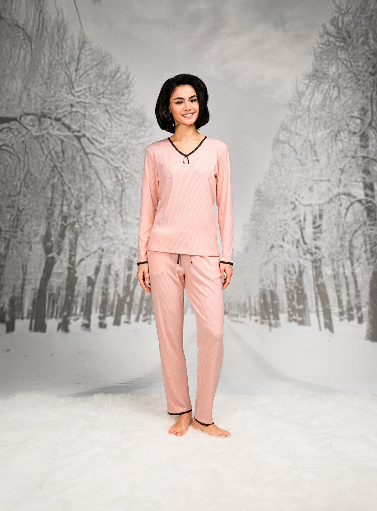 Dantel Detaylı V Yaka Uzun Kollu Kadın Pijama Takımı Doreanse 26K4104 - Somon