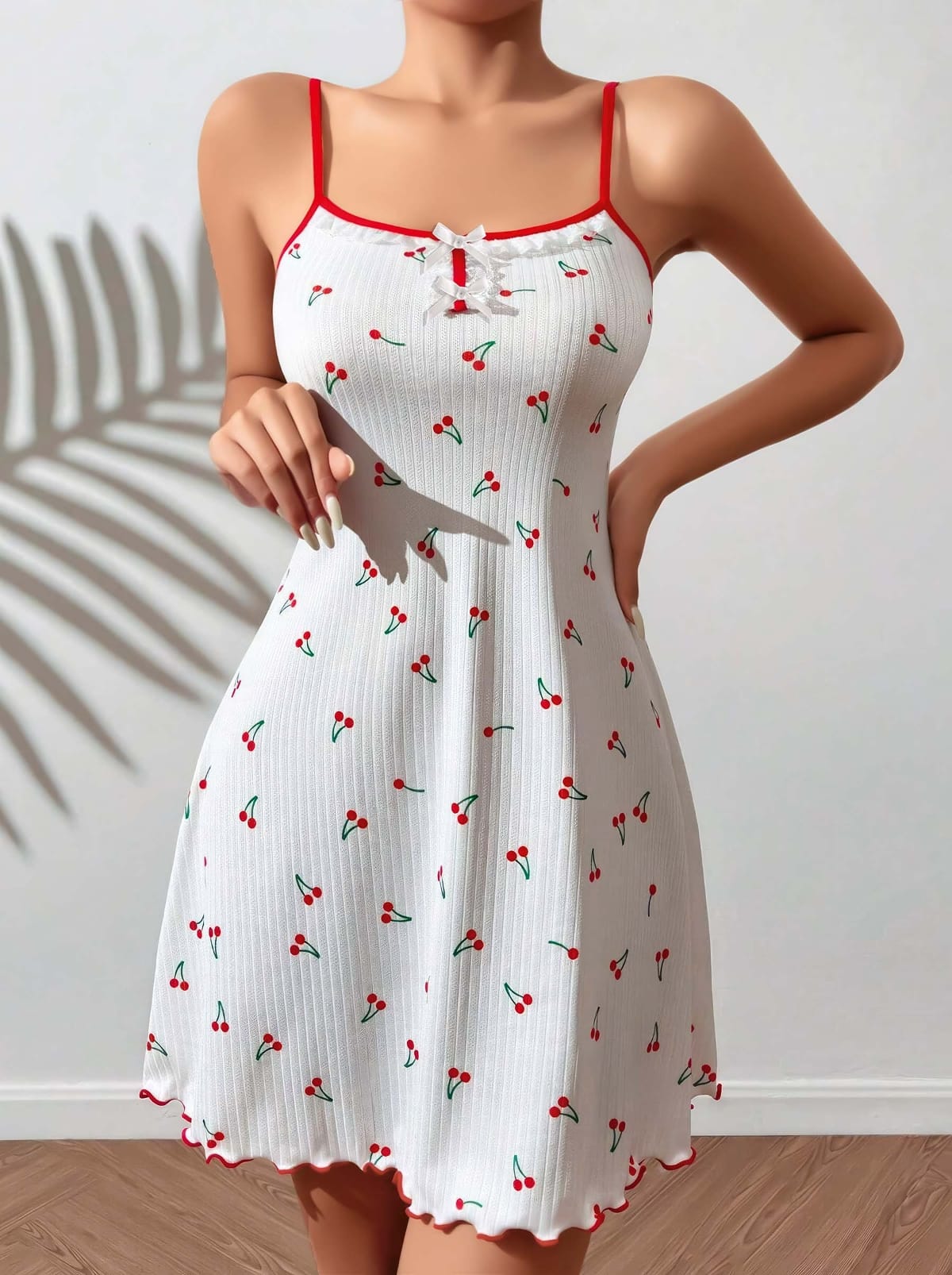 Kiraz Desenli Askılı Mini Gecelik Narin Beyaz Lily Bianca 13032 - Beyaz