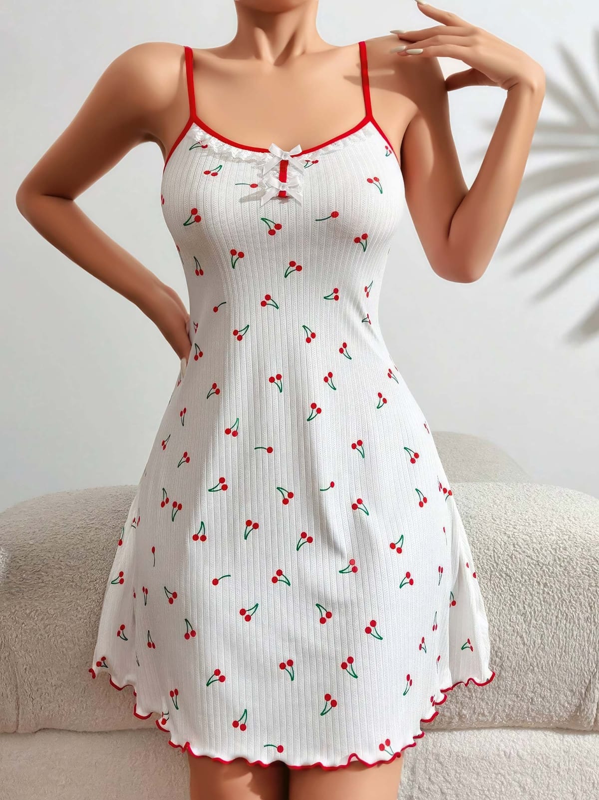 Kiraz Desenli Askılı Mini Gecelik Narin Beyaz Lily Bianca 13032 - Beyaz