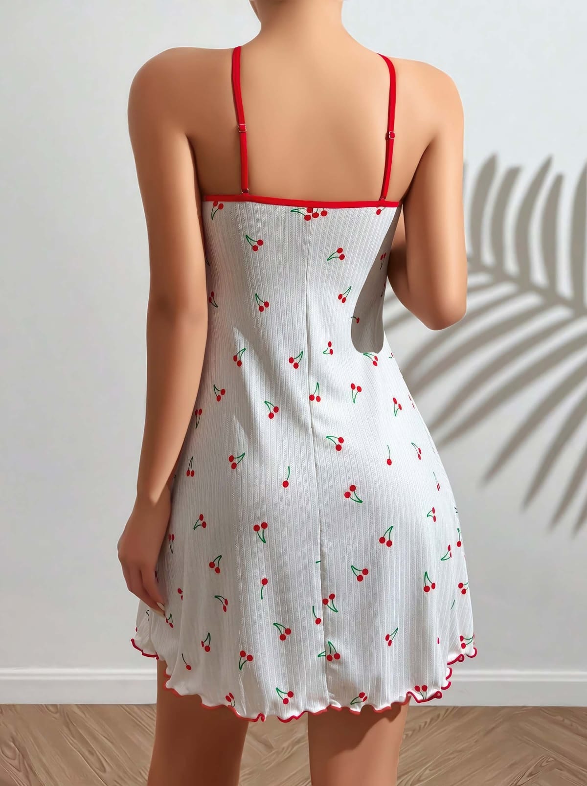 Kiraz Desenli Askılı Mini Gecelik Narin Beyaz Lily Bianca 13032 - Beyaz