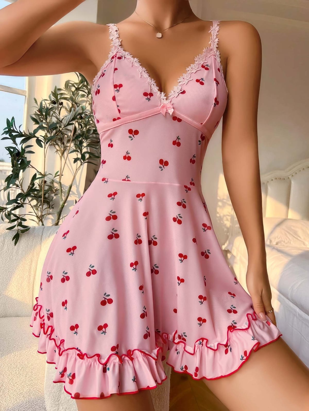 Kiraz Desenli Askılı Mini Gecelik Kadın Gecelik Lily Bianca 13033 - Pembe