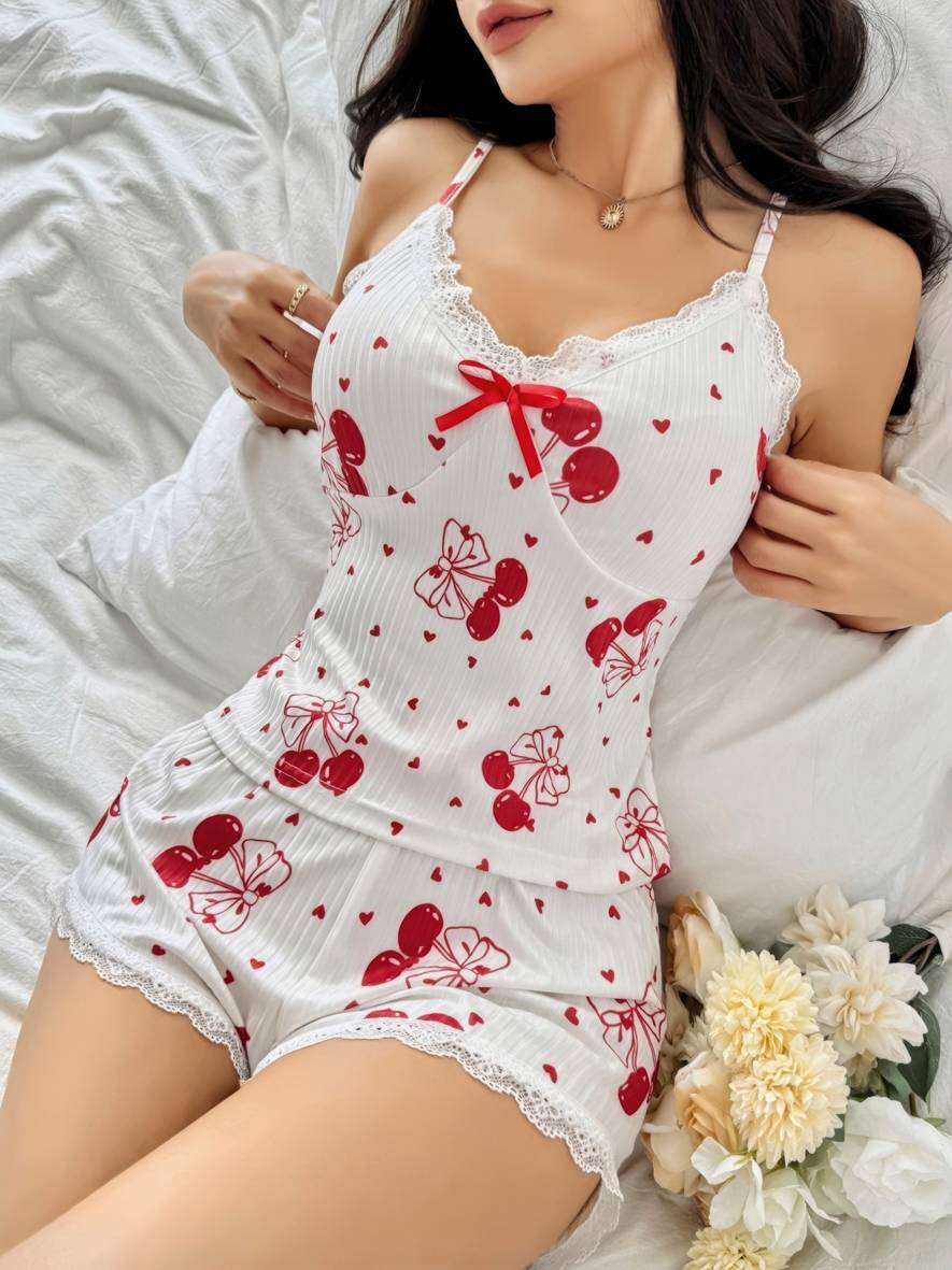 Kiraz Desenli Pamuklu Şortlu Pijama Takımı Lily Bianca 13107 - Beyaz