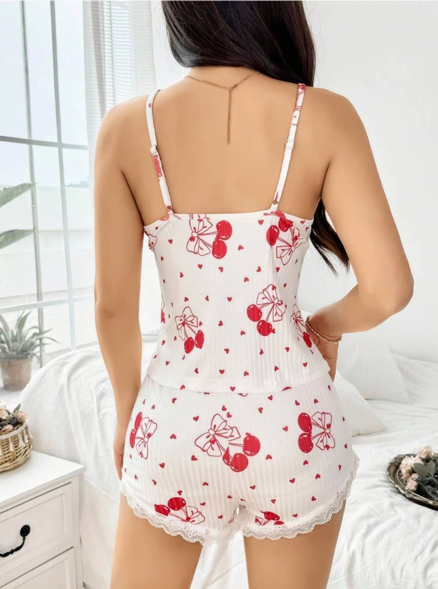 Kiraz Desenli Pamuklu Şortlu Pijama Takımı Lily Bianca 13107 - Beyaz