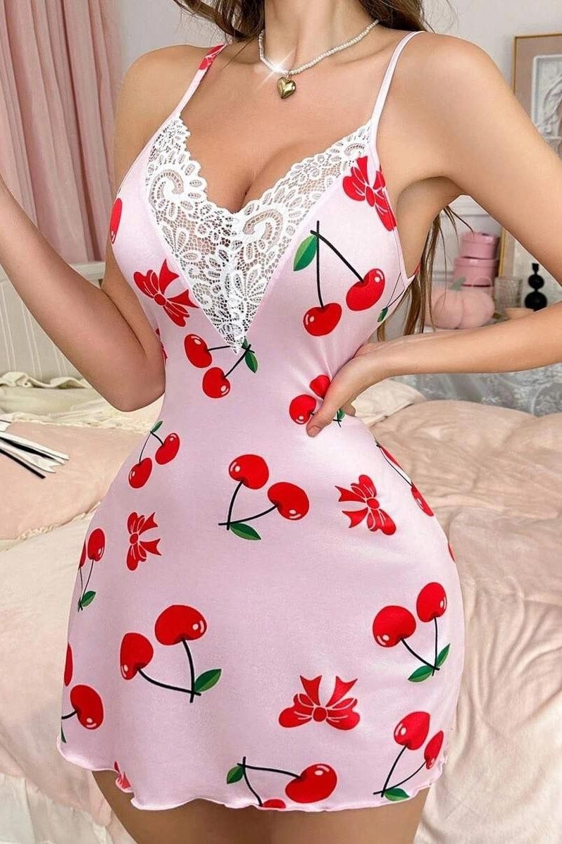 Kiraz Desenli İnce Askılı Dantelli Kısa Gecelik Ruselin 5067 - Pembe