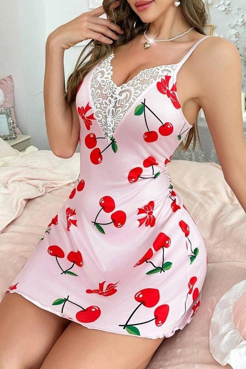 Kiraz Desenli İnce Askılı Dantelli Kısa Gecelik Ruselin 5067 - Pembe