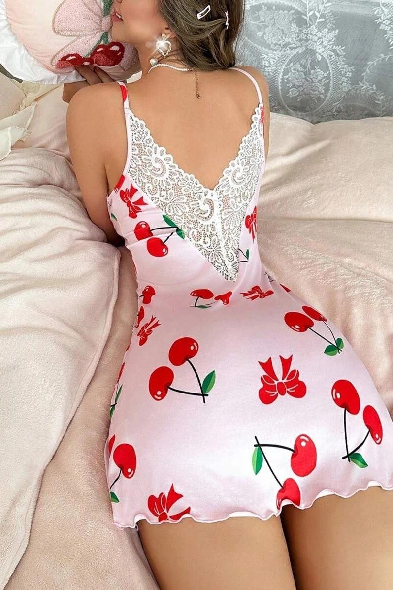 Kiraz Desenli İnce Askılı Dantelli Kısa Gecelik Ruselin 5067 - Pembe