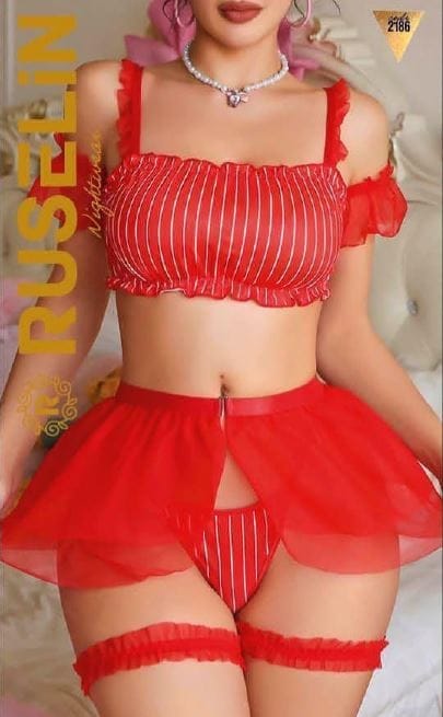 Kırmızı Çizgili Tül Detaylı Fantezi Büstiyer Takım Ruselin 2186 - Kırmızı