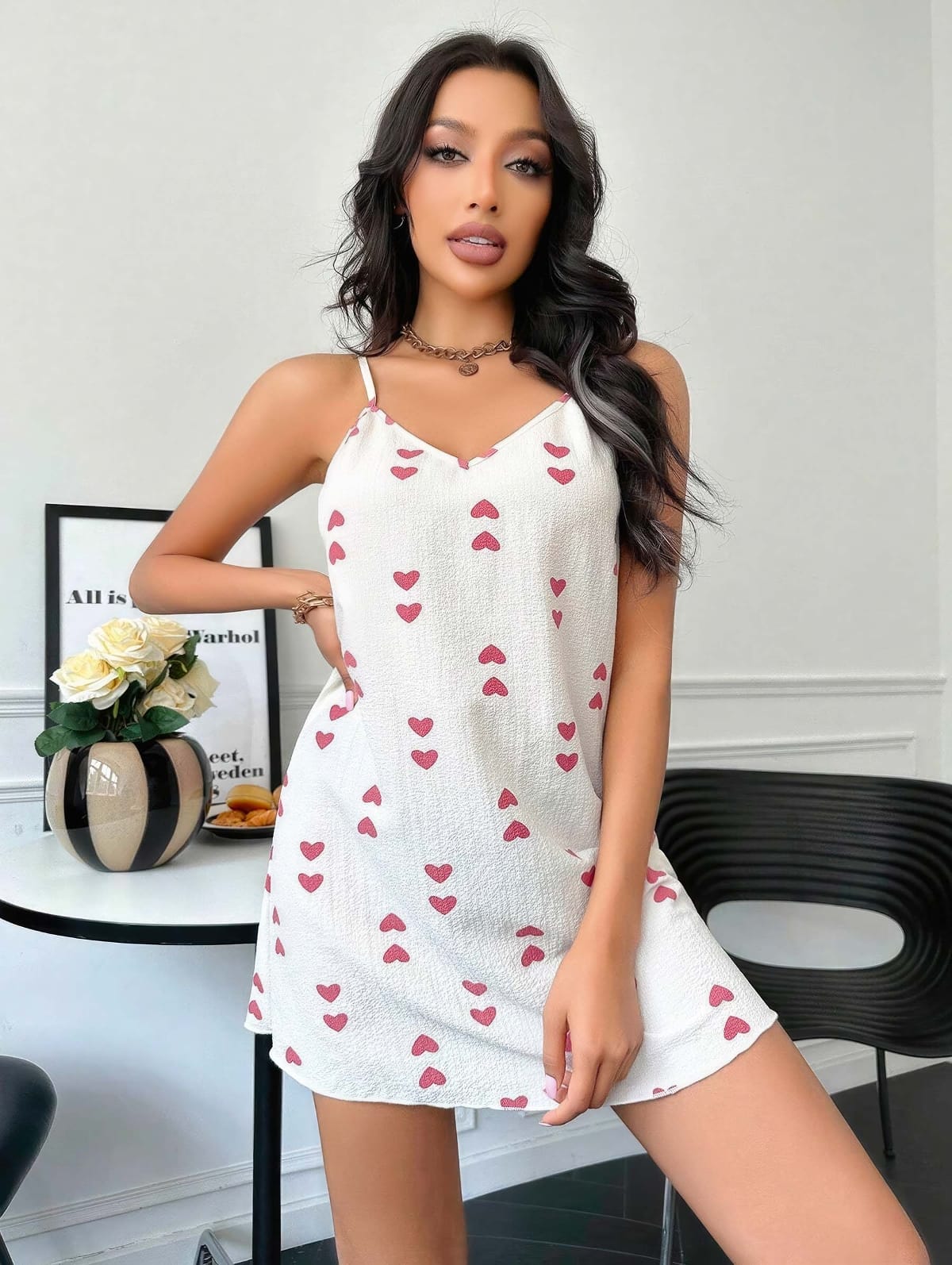 Kalp Desenli Askılı Gecelik Beyaz Lily Bianca 13030 - Beyaz