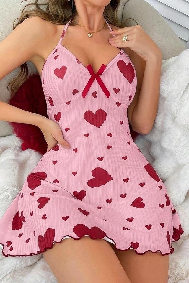 Ruselin Boyundan Bağlamalı Kısa Gecelik Kırmızı Kalpli Pembe Ruselin 5064