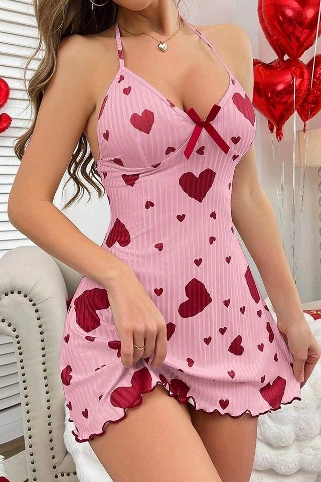 Ruselin Boyundan Bağlamalı Kısa Gecelik Kırmızı Kalpli Pembe Ruselin 5064 - Görsel 4