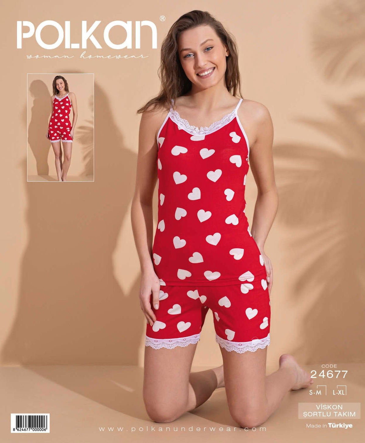 Kırmızı Kalpli Dantelli Viskon Şort Pijama Takım Polkan 24677 - Kırmızı