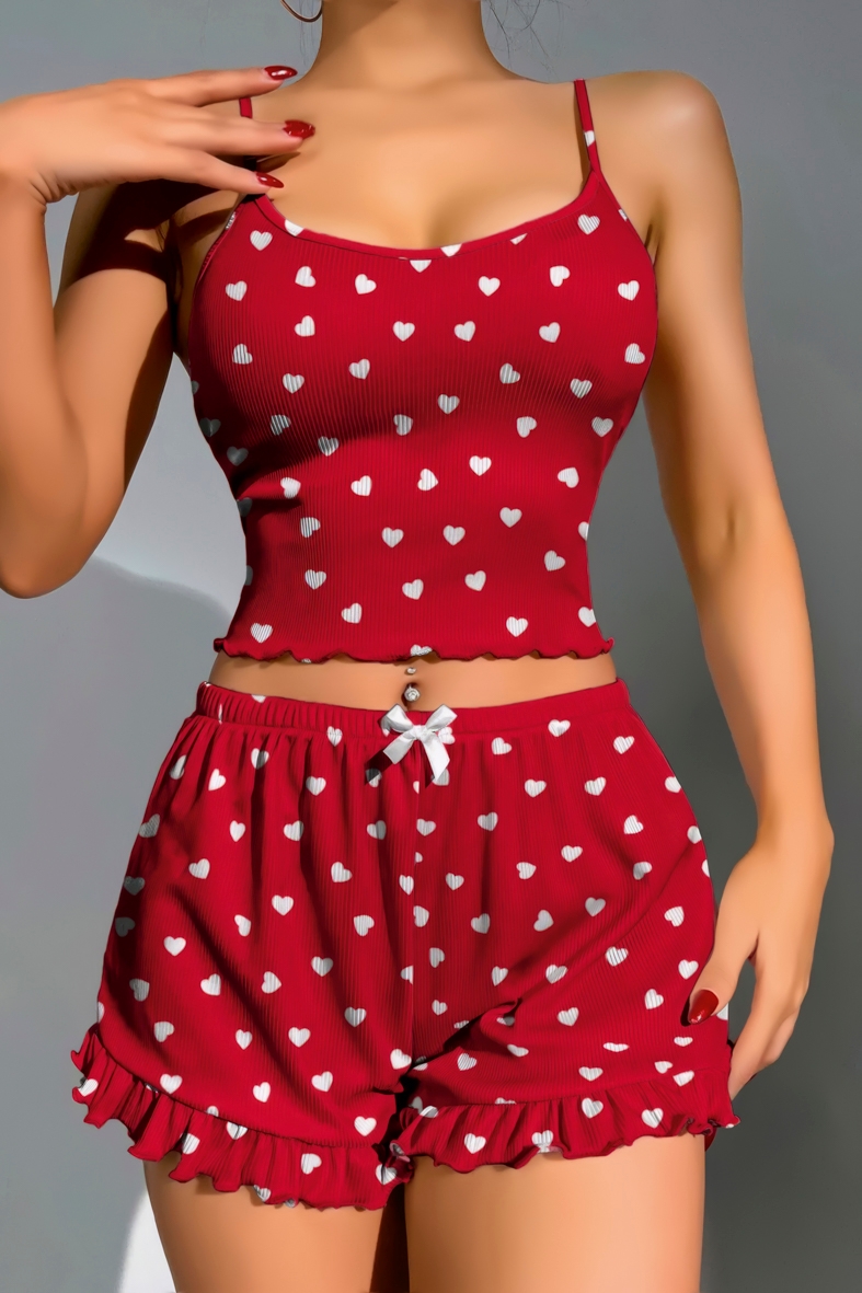 Kırmızı Kalp Desenli Kadın Pijama Takımı Lily Bianca 13100 - Kırmızı