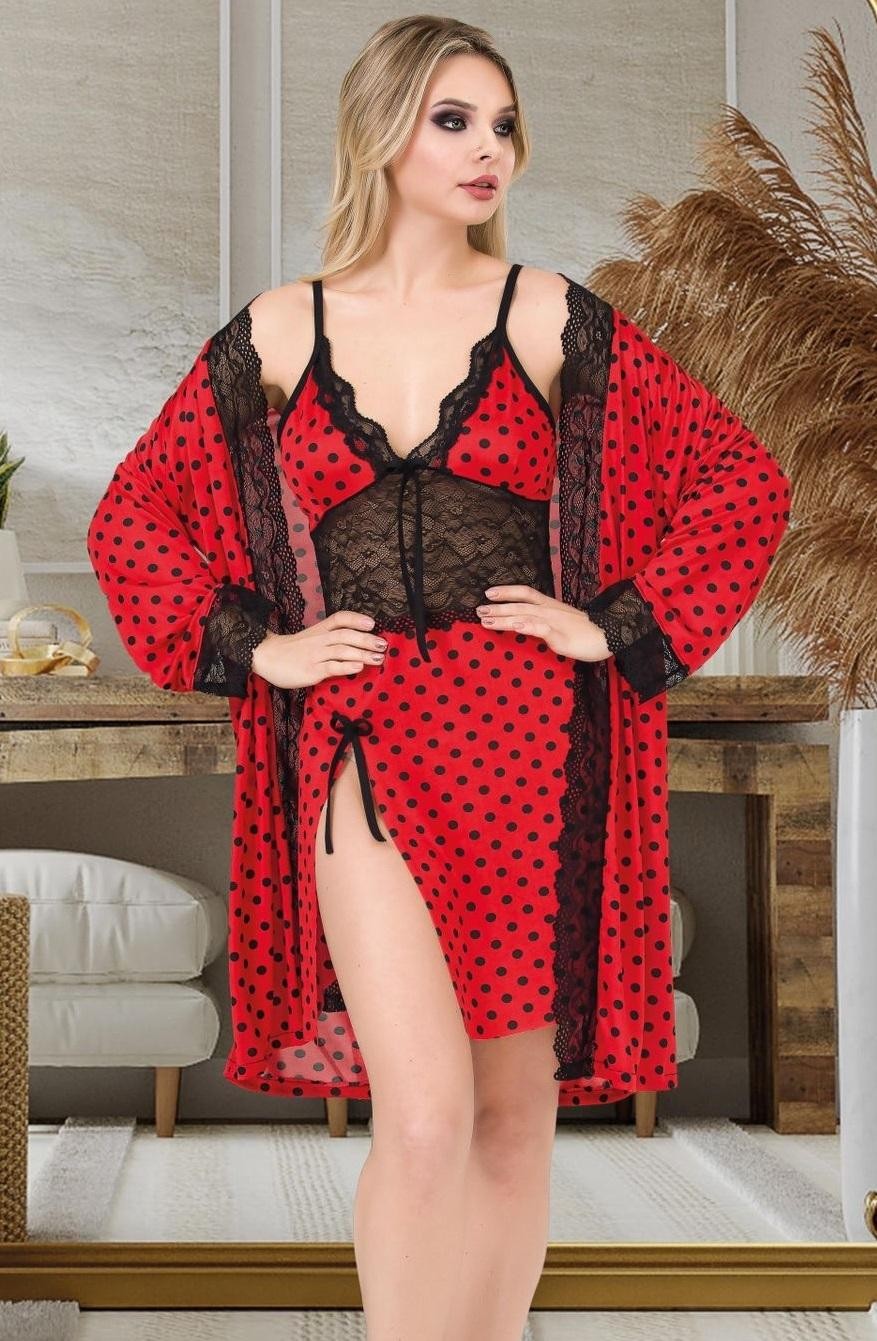 Kırmızı Puantiyeli Dantelli Kısa Gecelik İzabel 7007 - Kırmızı