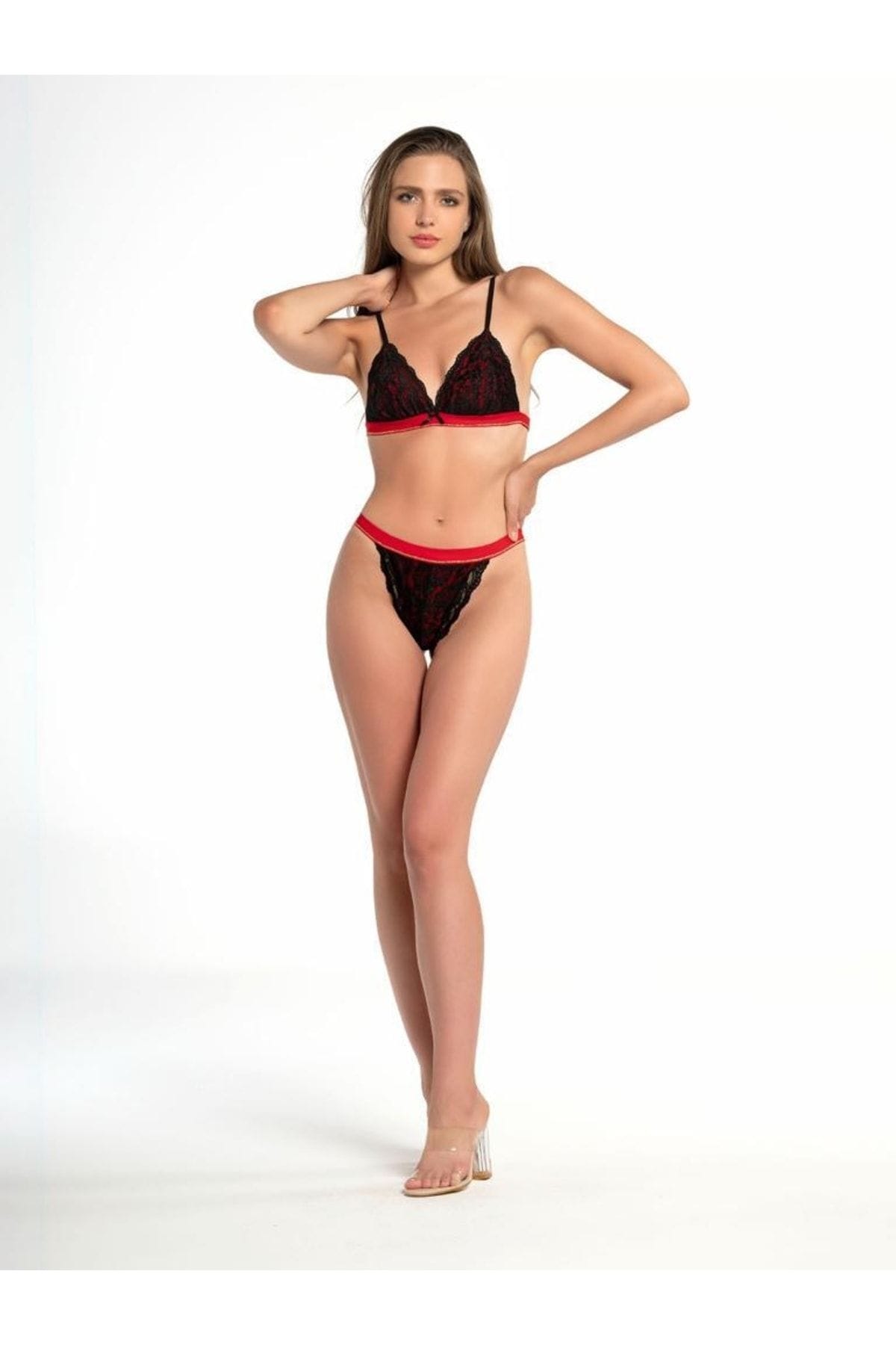 Kırmızı Dantel Detaylı Fantezi İç Çamaşırı Takımı Nathalie 5002 - Siyah