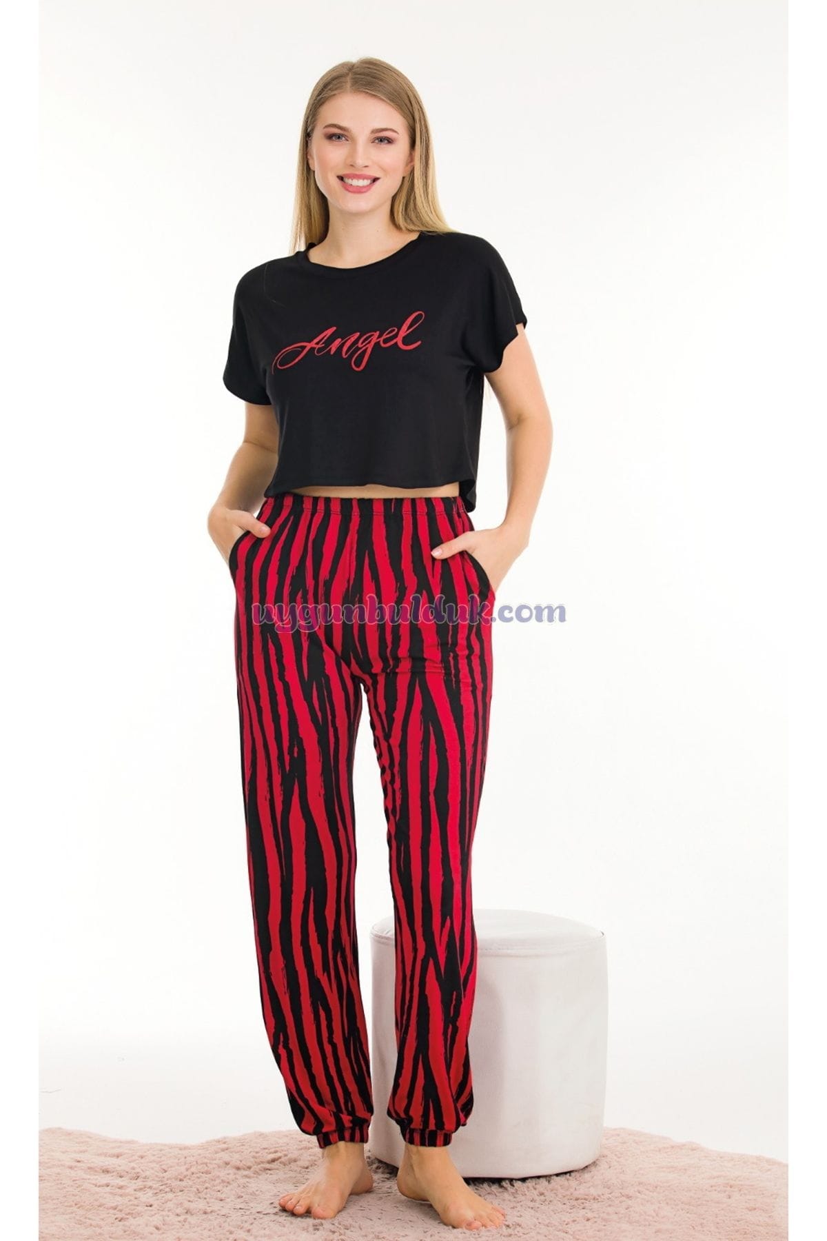 Lady Kırmızı Siyah Çizgi Desenli Kısa Kol Pijama Takımı Lady 12559