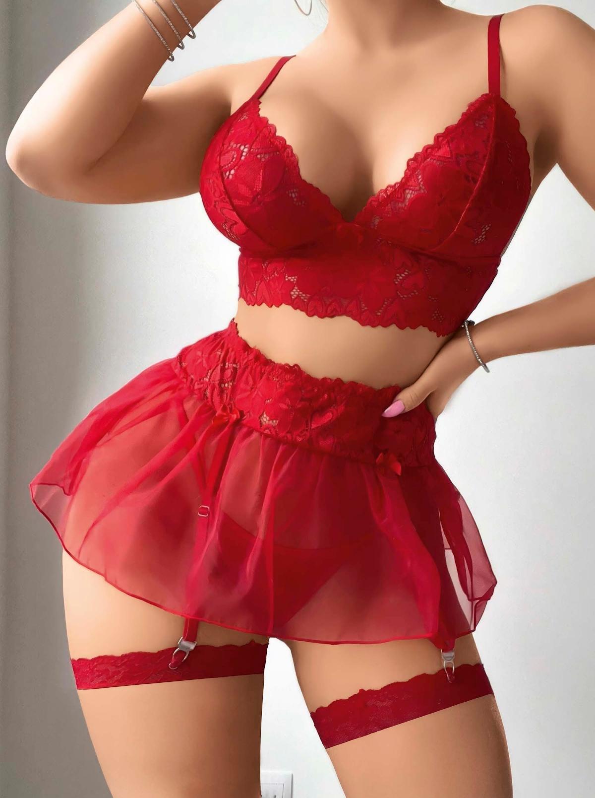 Kırmızı Tül Etekli Fantezi Dantelli Jartiyer Takım Lily Bianca 227 - Kırmızı