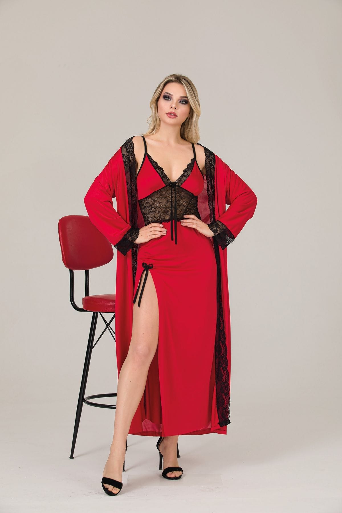 Kırmızı Yandan Yırtmaçlı Büyük Beden Gecelik Sabahlık Takımı İzabel 7002 - Kırmızı
