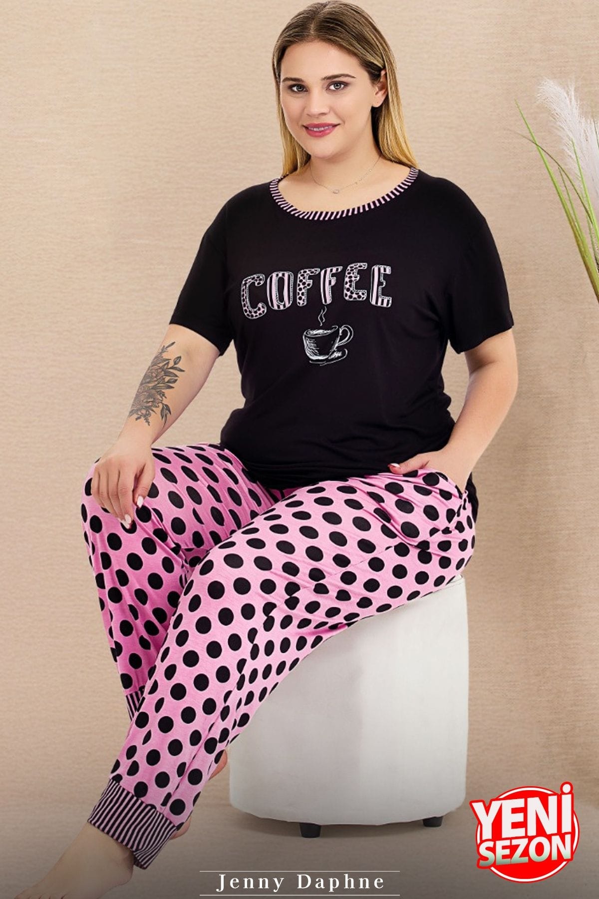 Puantiyeli Kısa Kollu Büyük Beden Pijama Takımı Lady 11004 - Siyah