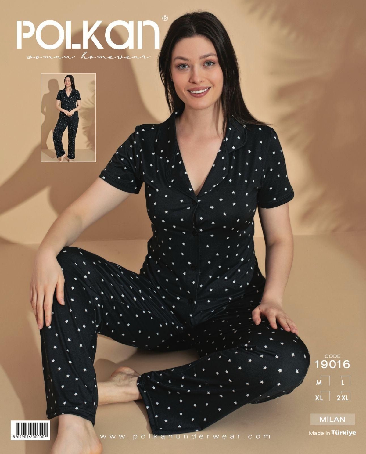 Kısa Kollu V Yaka Pijama Takım Siyah Yıldız Desenli Polkan 19016 - Siyah