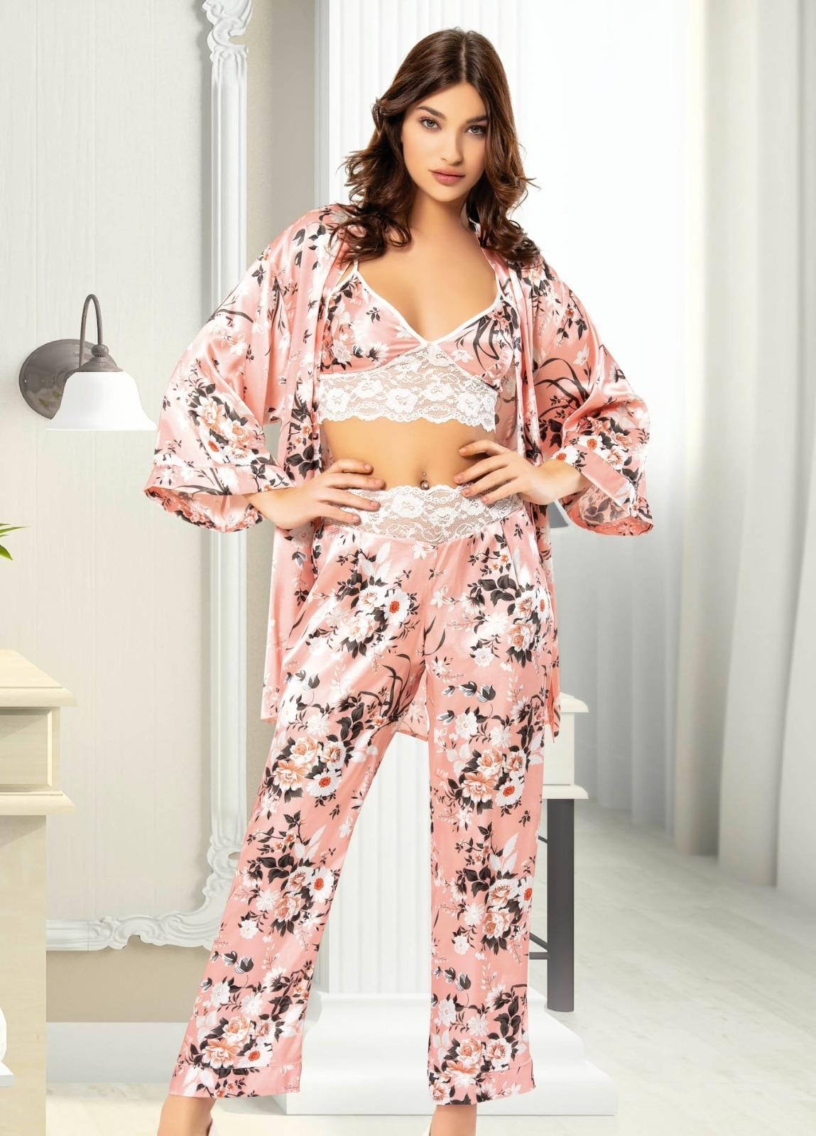 Kısa Kollu Dantelli Sabahlık Pijama Takım Miss Laris 5023 - Somon
