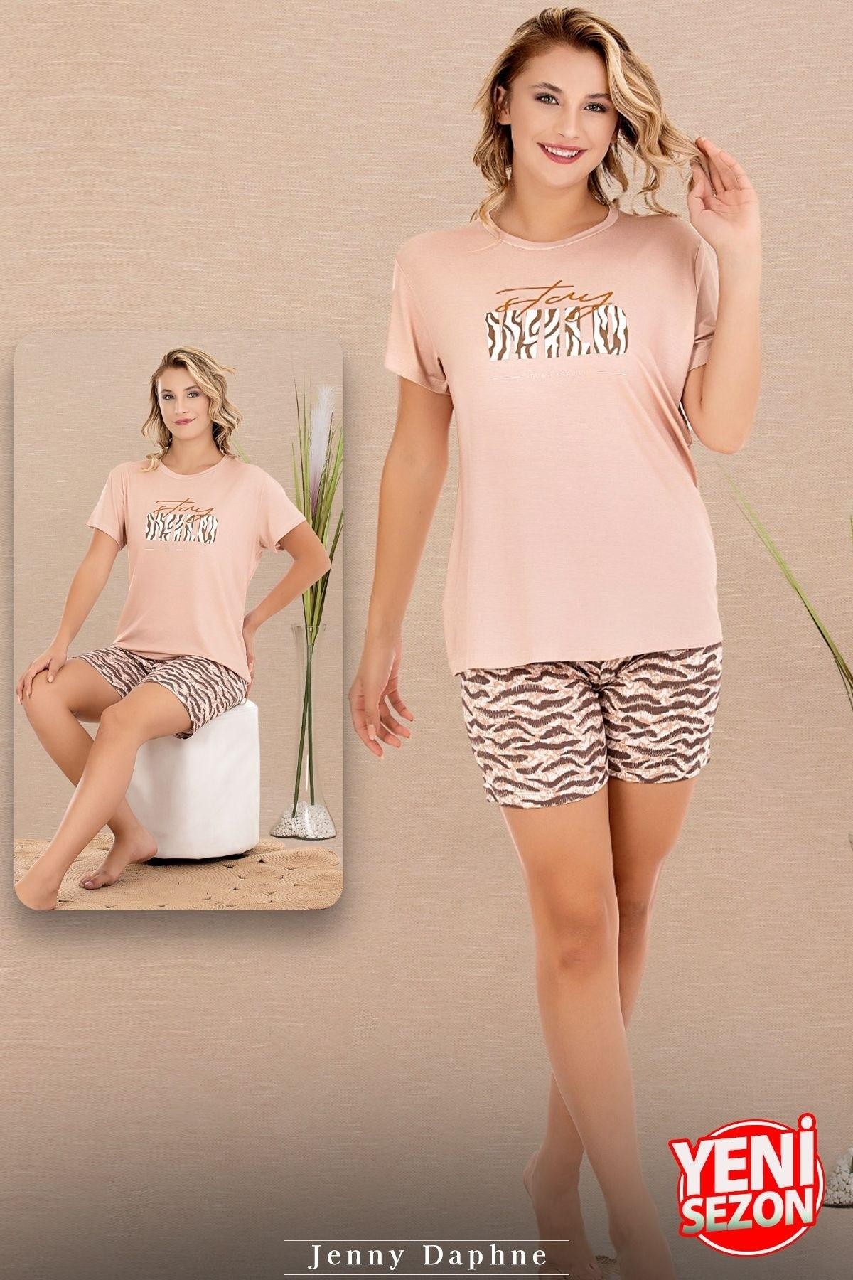 Zebra Desenli Şortlu Kadın Pijama Takımı Lady 7730 - Pudra