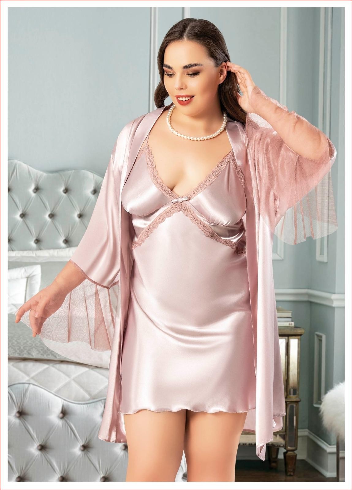 Kolları Tüllü Saten Gecelik Sabahlık Takımı Miss Laris 6014 - Pudra