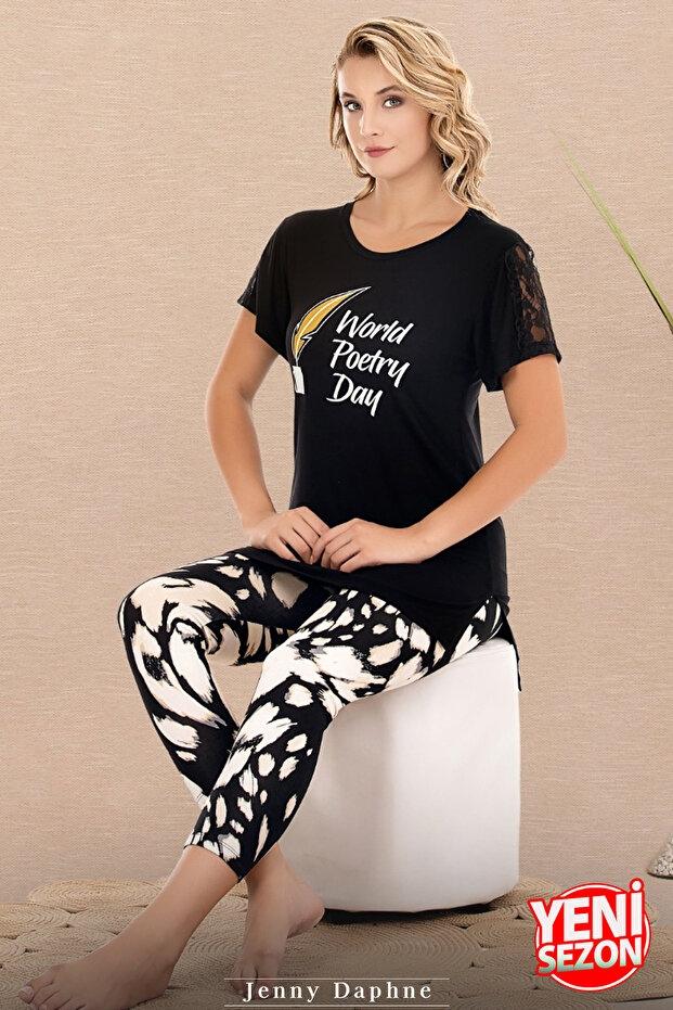 Kolu Dantelli Somon Kısa Kollu Kapri Pijama Takımı Lady 12071 - Siyah