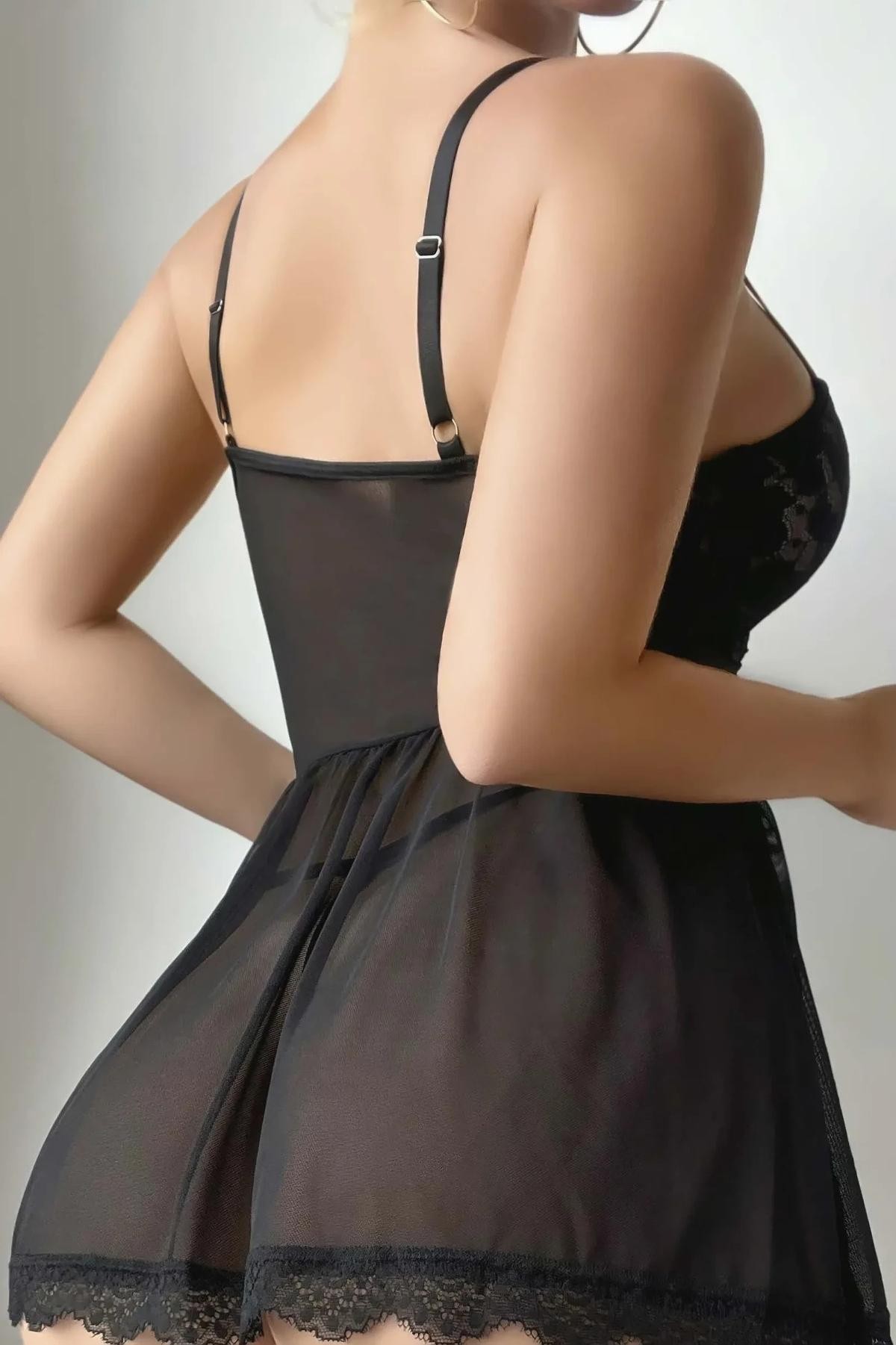 Somon Renk Tül Body Bacak Bantlı Ruselin 2214 - Siyah