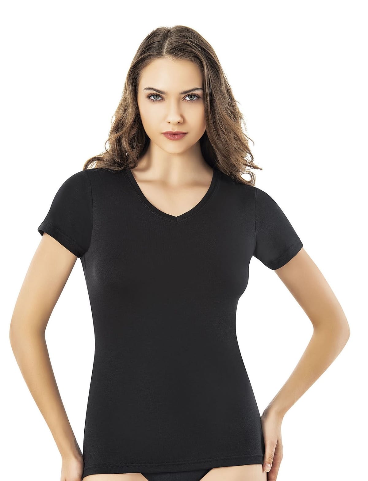 V Yaka Nefes Alan Pamuklu Kısa Kollu Kadın Atlet Kota 6616 - Siyah