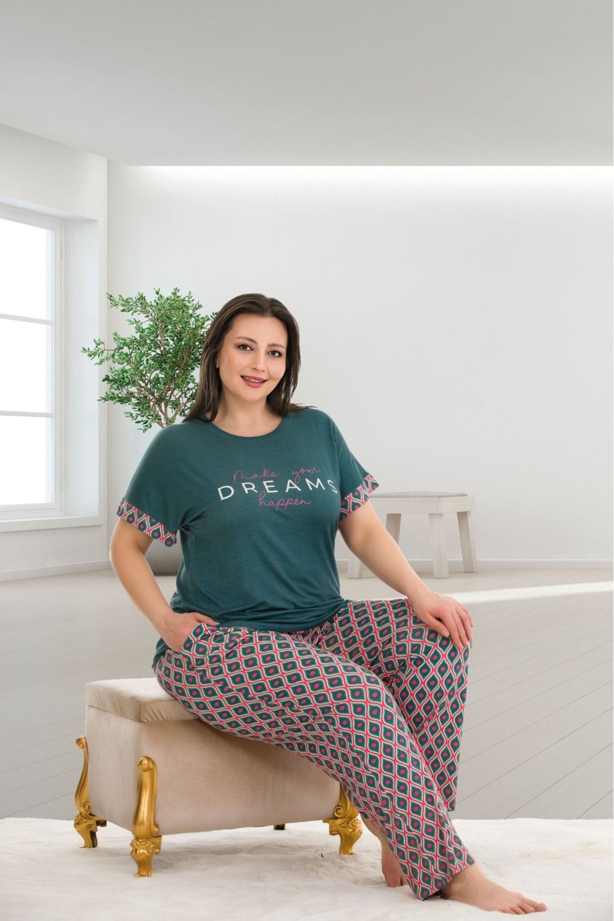 Koyu Yeşil Büyük Beden Kısa Kollu Pijama Takımı Lady 10932 - Yeşil
