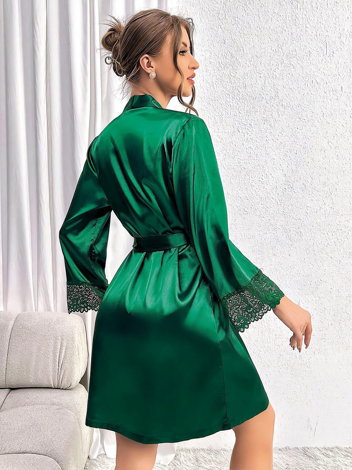 Dantelli Kuşaklı Saten Gecelik Takım Pink Night 1531 - Yeşil