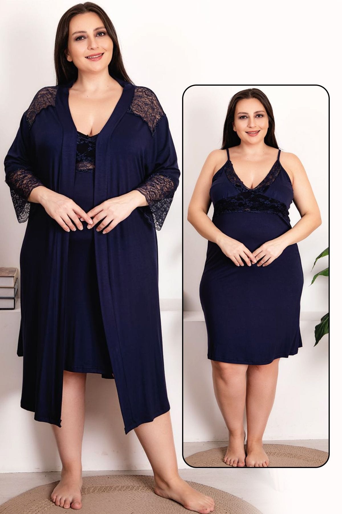 Esnek Kumaşlı Gecelik ve Sabahlık Takımı Lady 19213 - Lacivert