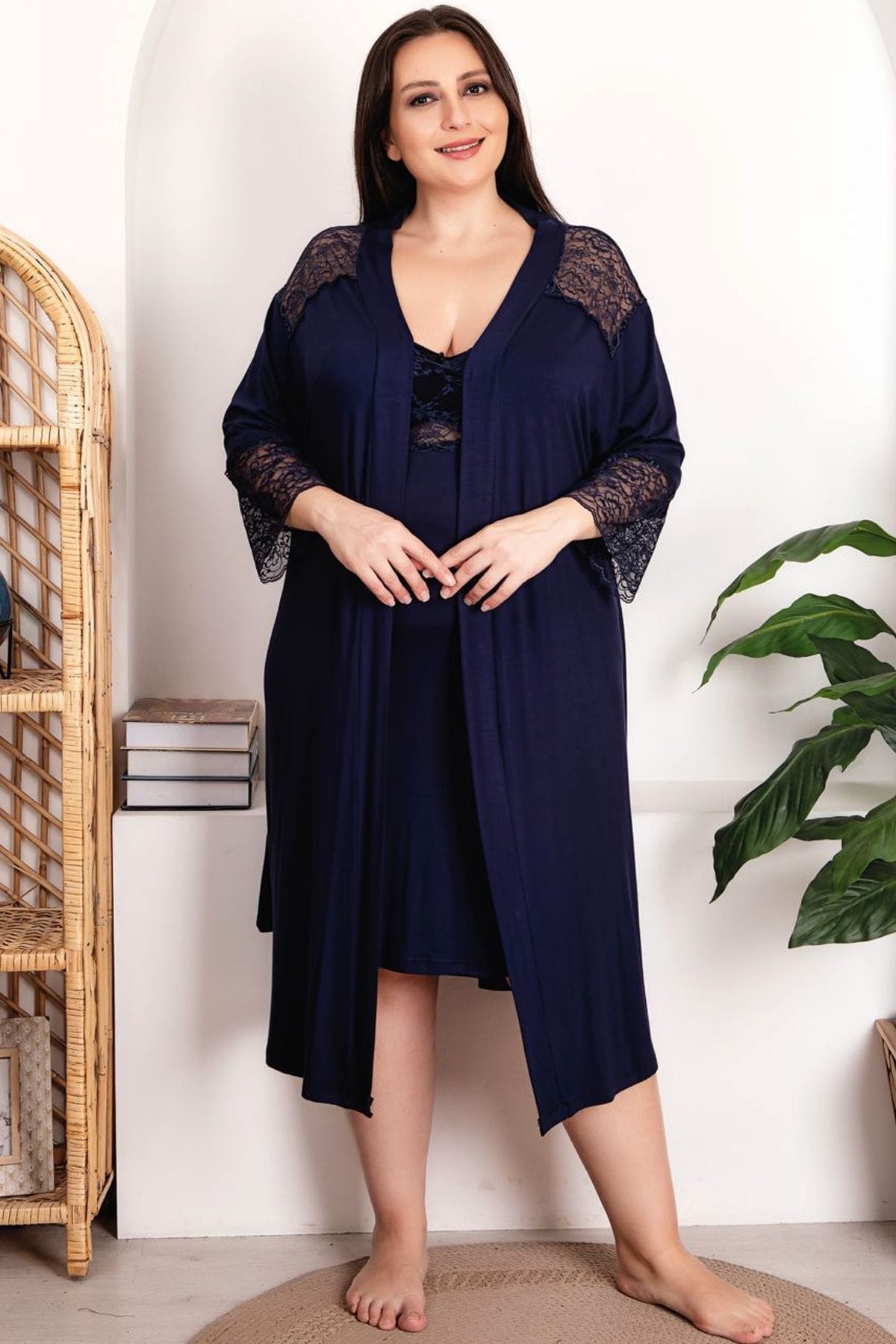 Esnek Kumaşlı Gecelik ve Sabahlık Takımı Lady 19213 - Lacivert