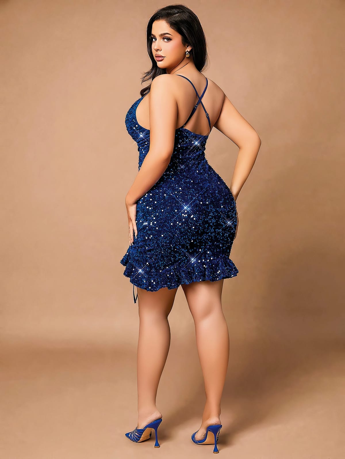 Lacivert Askılı Mini Büyük Beden Gece Elbisesi Pink Night 6508 - Lacivert