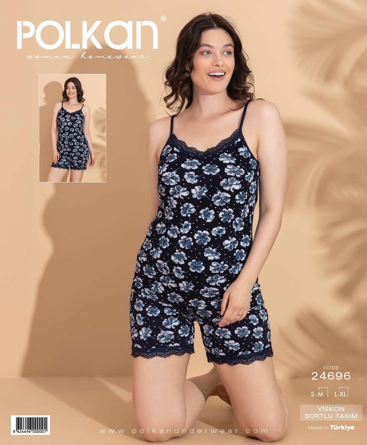 Lacivert Çiçekli Askılı Viskon Şort Pijama Takımı Polkan 24696 - Lacivert