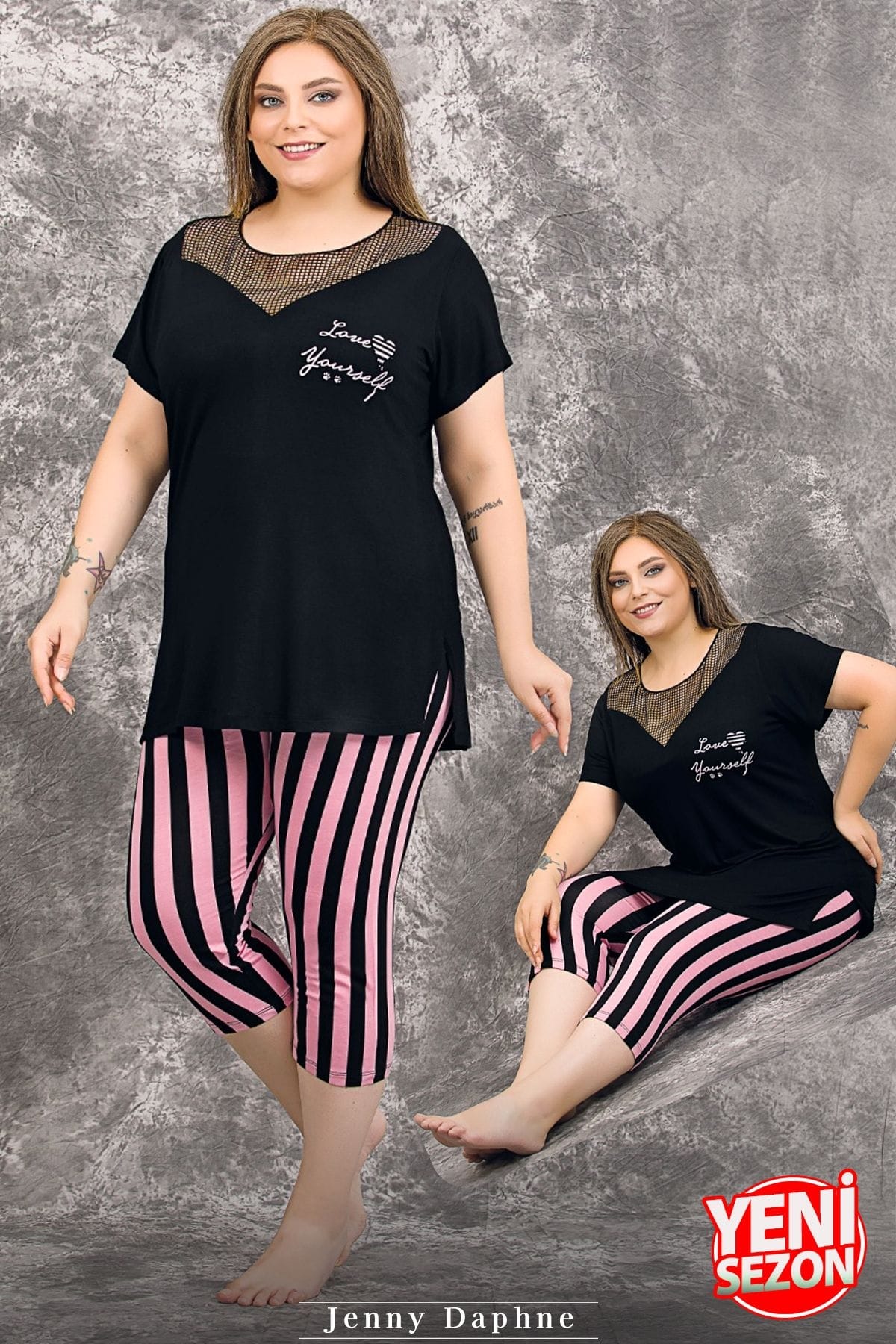 Büyük Beden Çizgili Tül Yaka Kısa Kollu Kapri Pijama Takımı Lady 10719 - Siyah