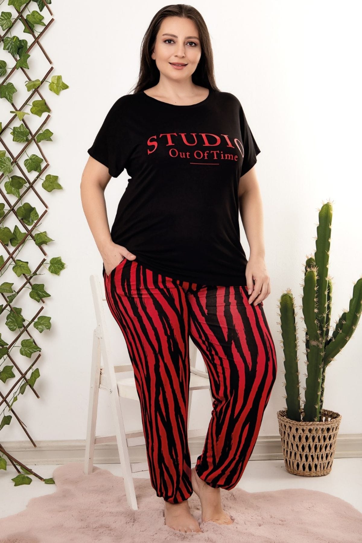 Desenli Büyük Beden Pijama Takımı Lady 10958 - Siyah
