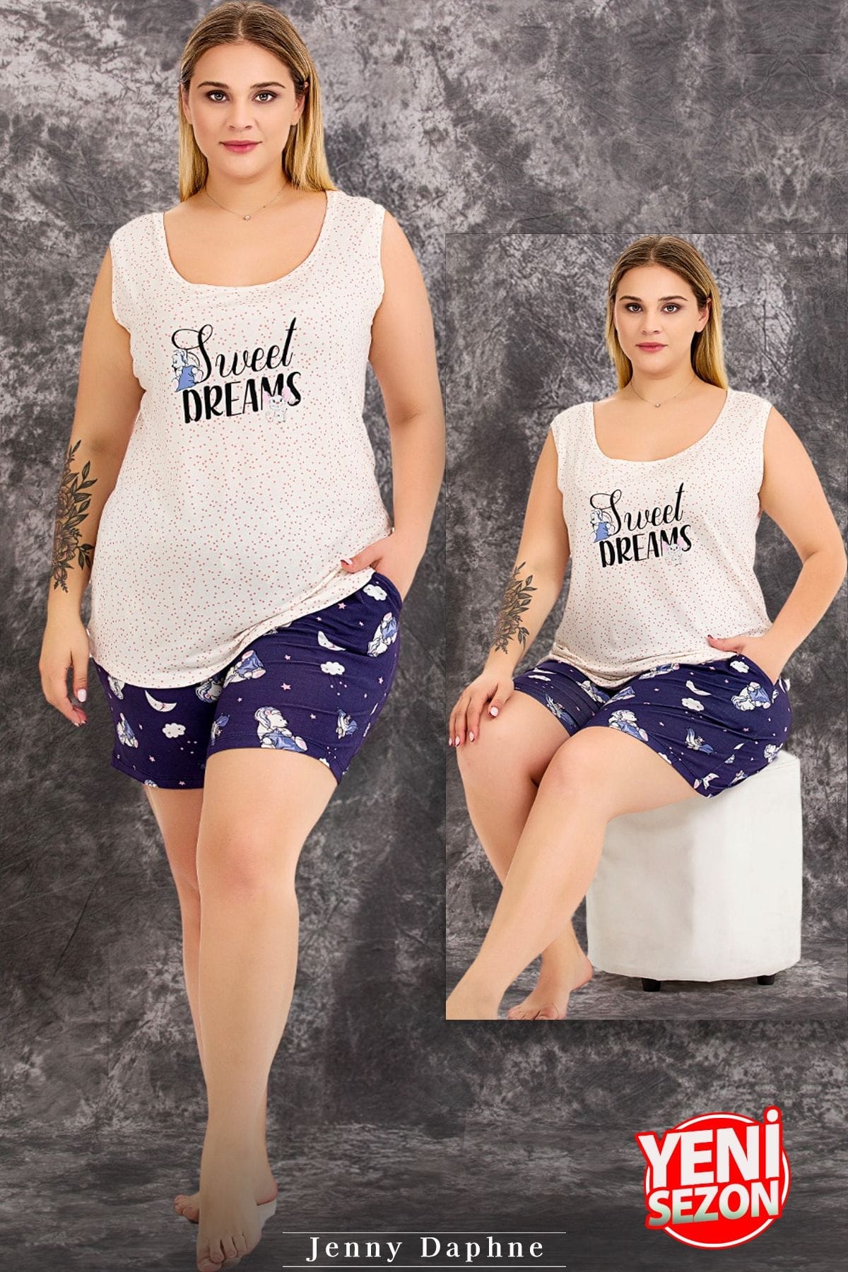 Büyük Beden Kısa Kollu Dantelli Şortlu Pijama Takımı Lady 10423 - Beyaz