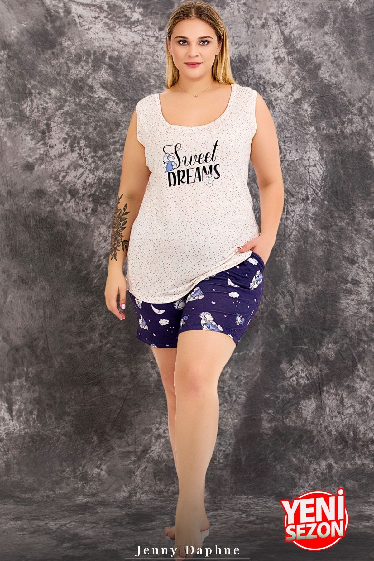 Büyük Beden Kısa Kollu Dantelli Şortlu Pijama Takımı Lady 10423 - Beyaz