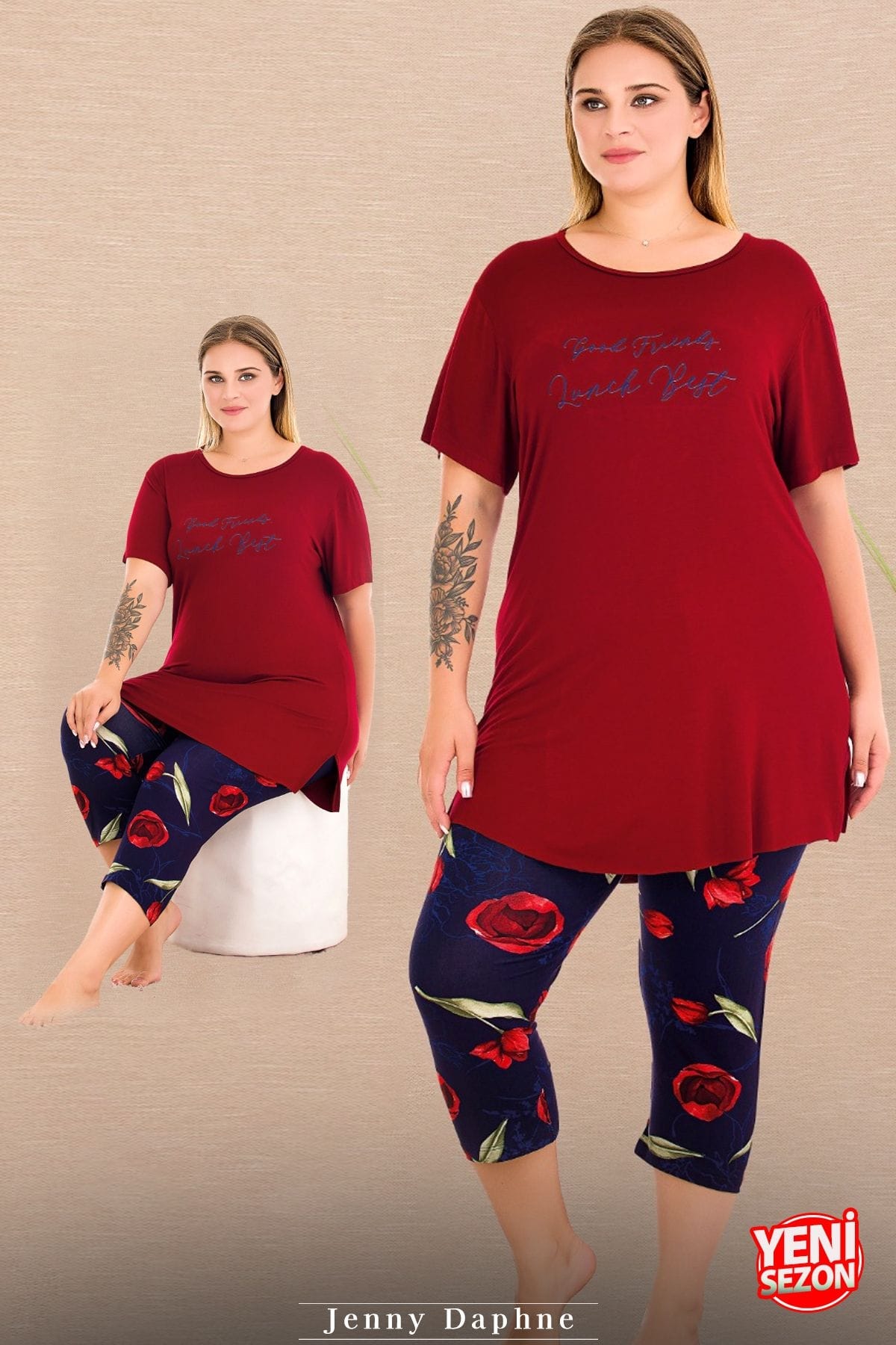 Desenli Kısa Kollu Kapri Pijama Takımı Lady 10720 - Kırmızı