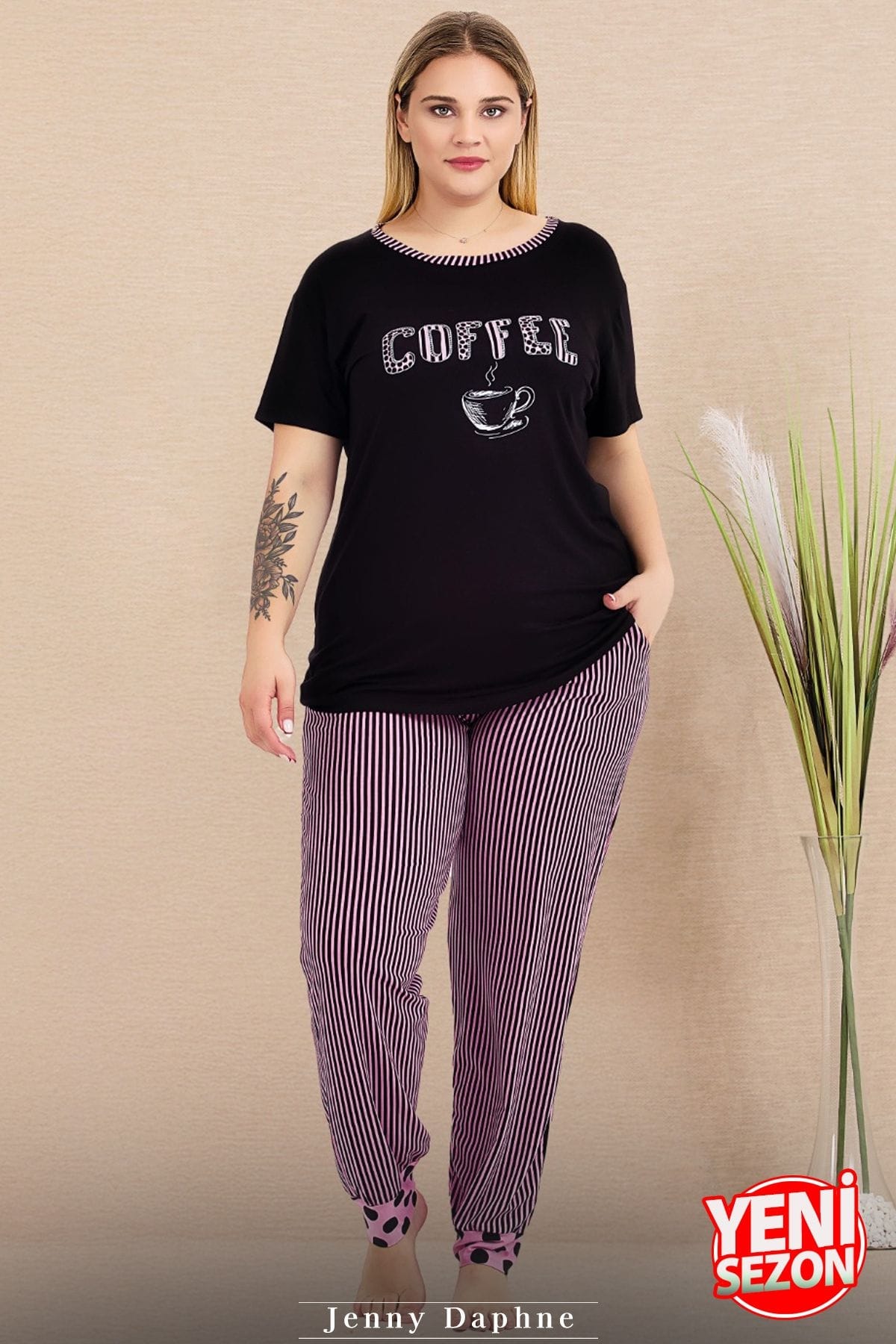 Somon Renkli Kısa Kollu Büyük Beden Pijama Takımı Lady 11009 - Siyah