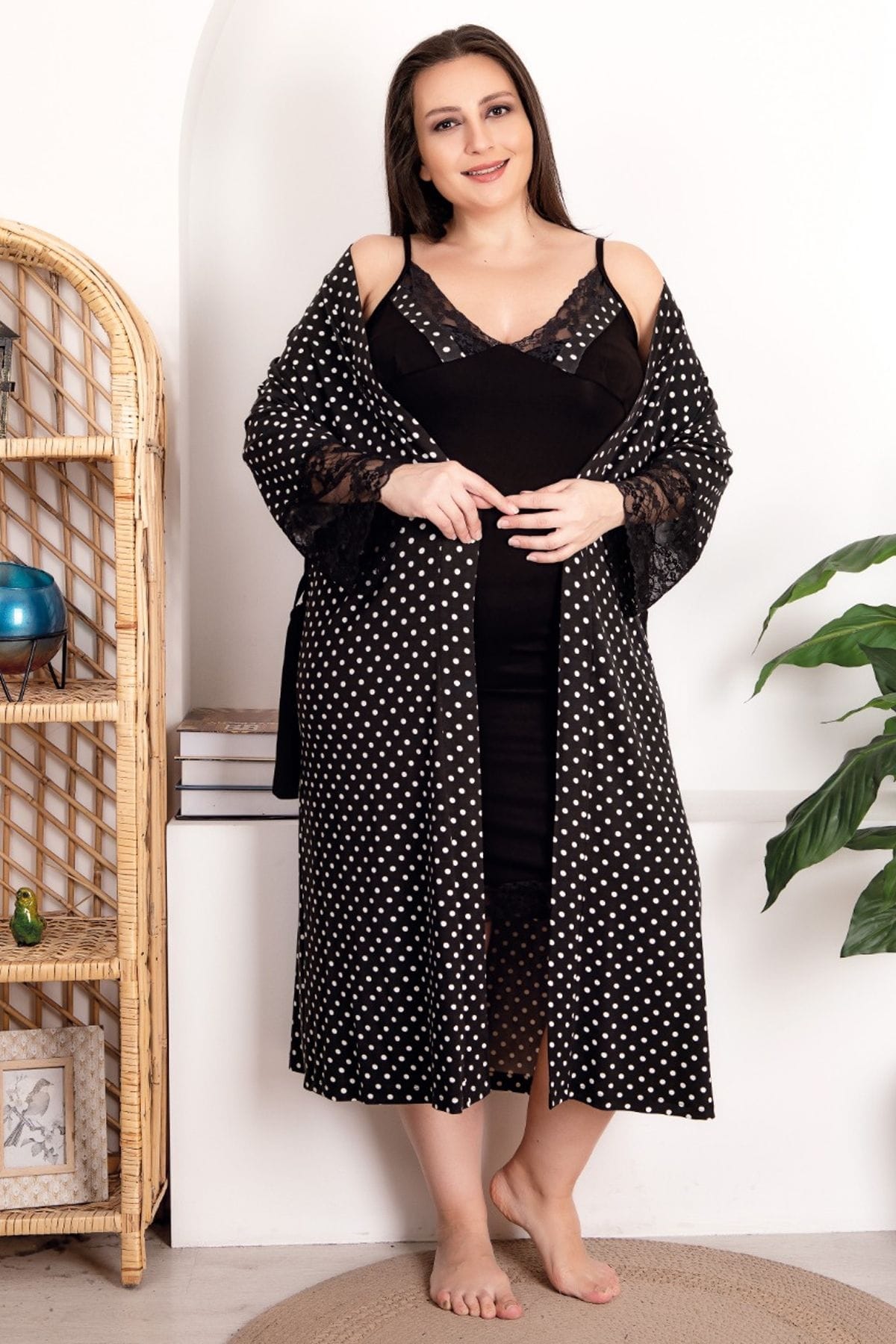 Çiçek Desenli Gecelik Sabahlık Takımı Lady 19205 - Siyah