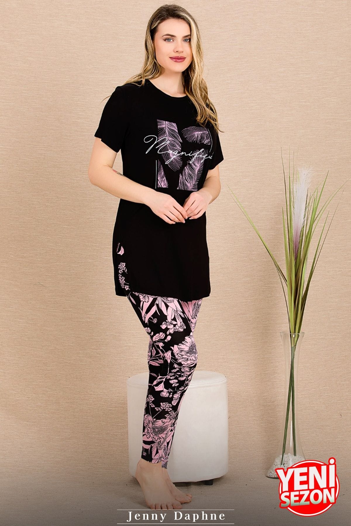 Çiçekli Desenli Kısa Kollu Pijama Takımı Lady 12483 - Siyah