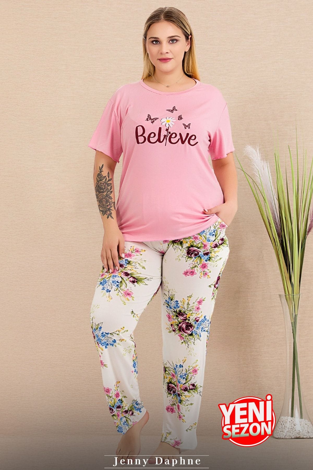 Büyük Beden Çiçekli Kısa Kollu Pijama Takımı Lady 11005 - Pembe