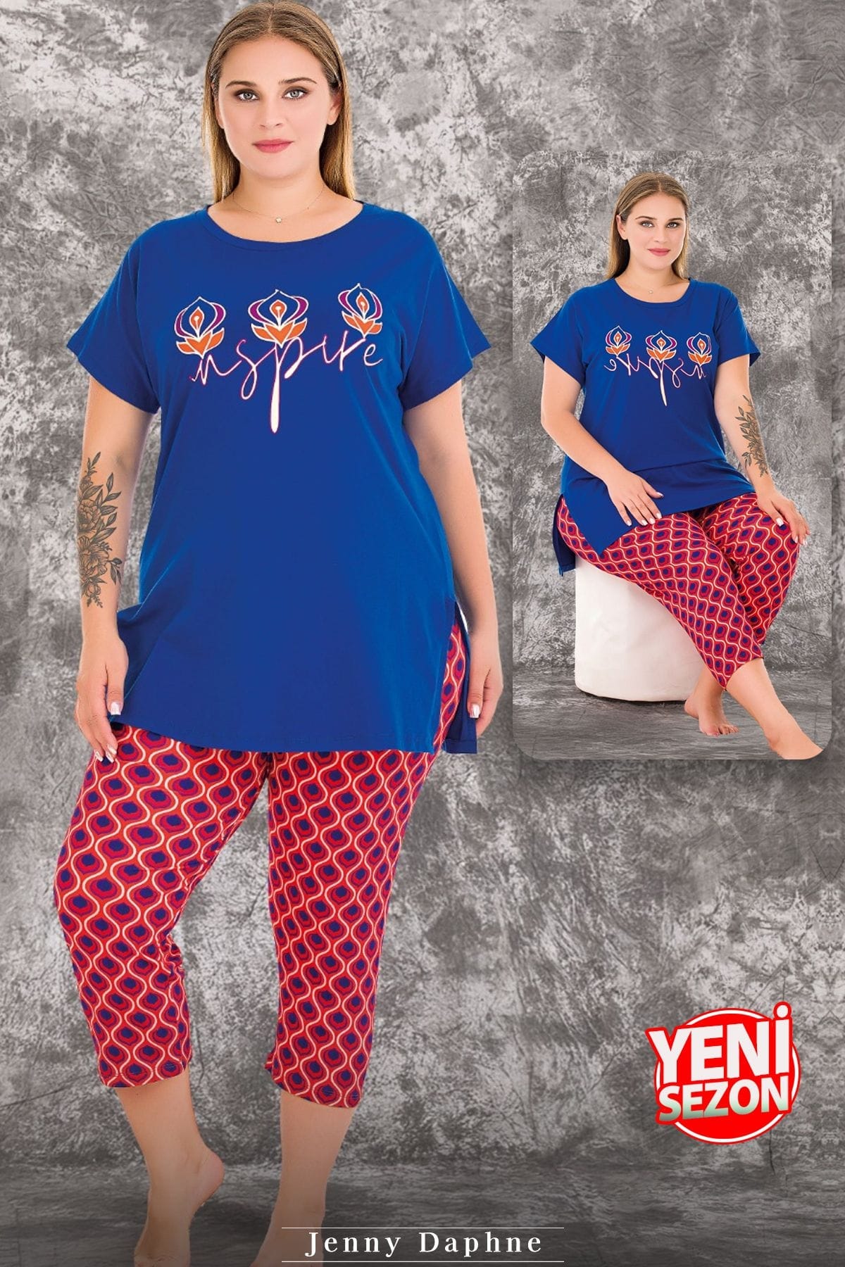 Büyük Beden Renkli Desenli Kısa Kollu Uzun Kapri Pijama Takımı Lady 10718 - Mavi